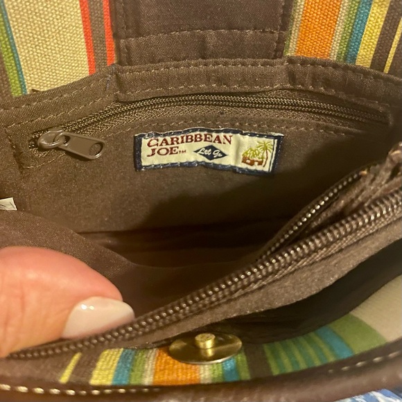 CARIBBEAN JOE (NWT) brown leather & multicolor striped canvas shoulder bag CUTE! - Picture 3 of 10
